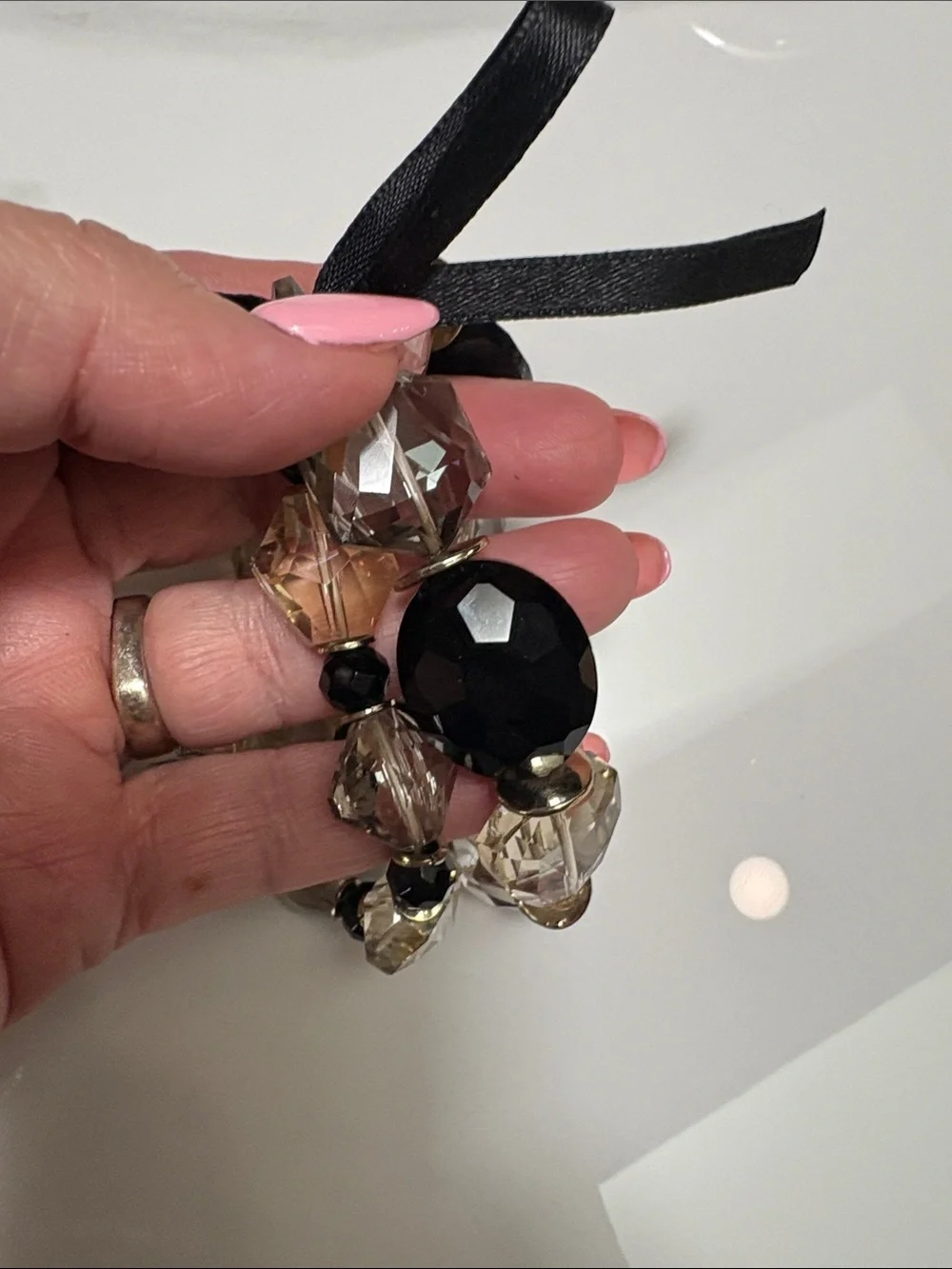 Elegant Black and Champagne glass  Beaded Bracelet with Ribbon Tie set of 2